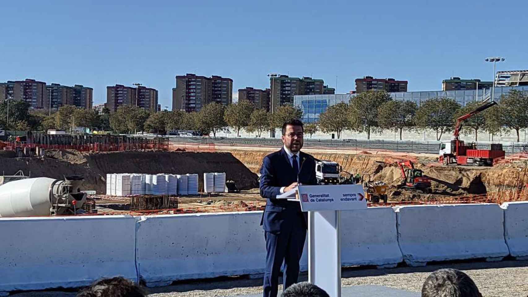 El presidente Pere Aragonès en las obras del nuevo pabellón de la Fira de Barcelona en L'Hospitalet de Llobregat
