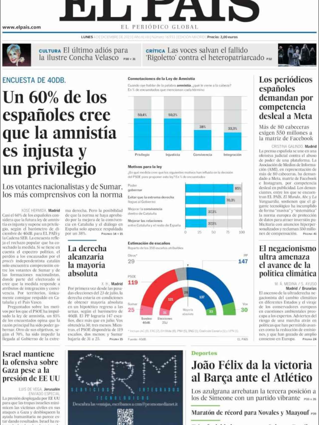 Portada de 'El País' de 4 de diciembre de 2023
