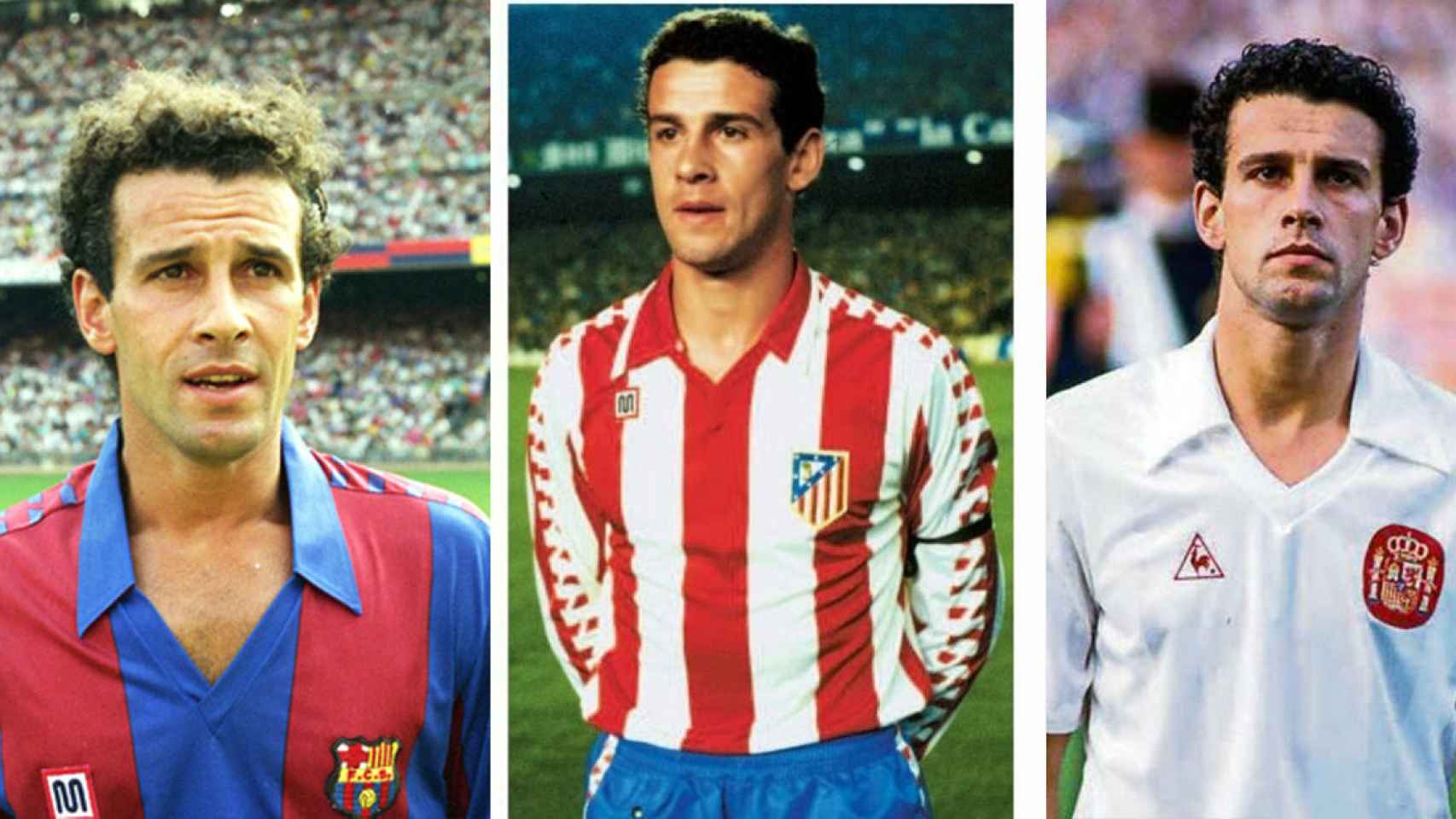 Julio Alberto con las camisetas de Barça, Atlético y selección española