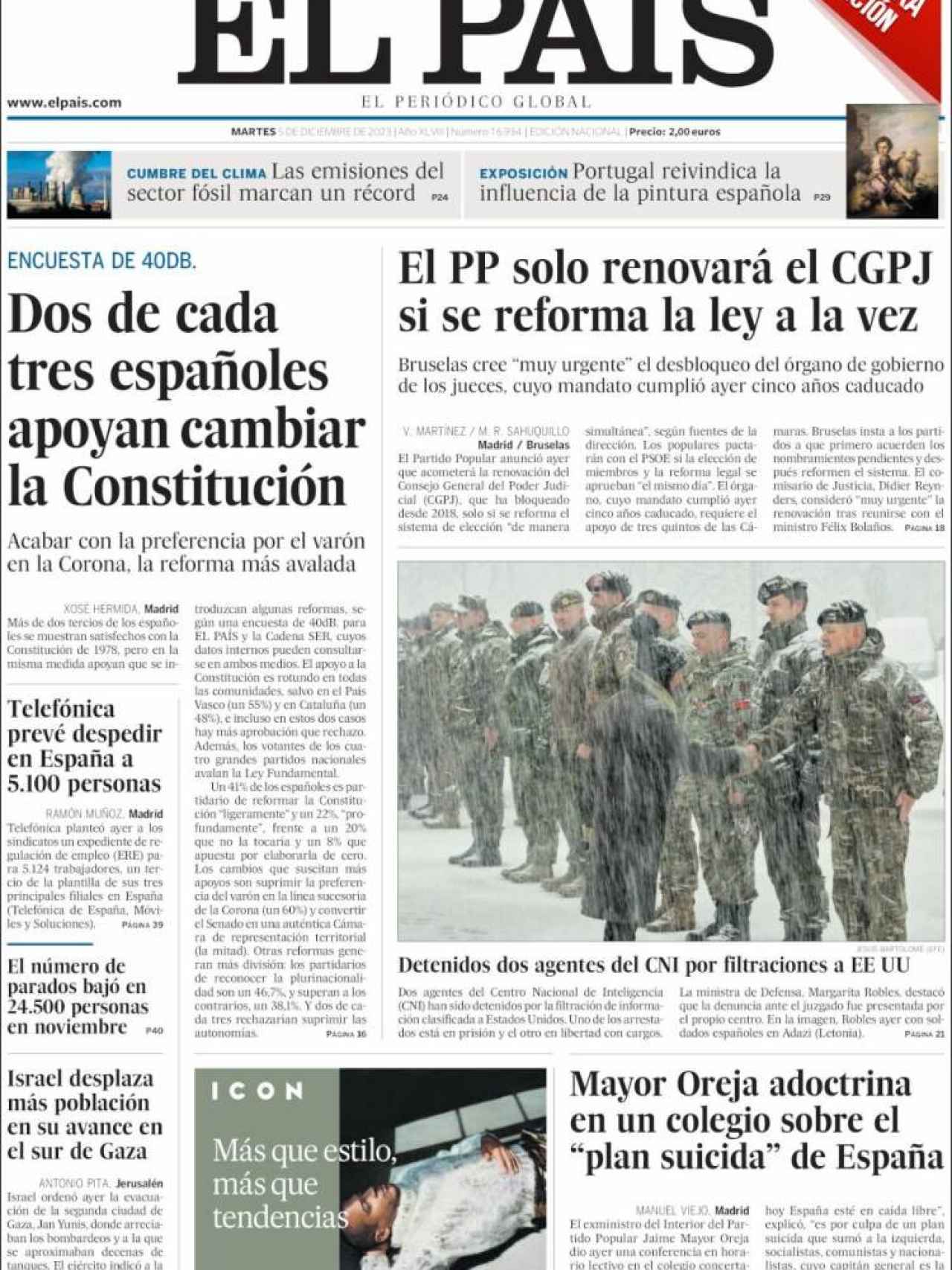 Portada de 'El País' de 5 de diciembre de 2023