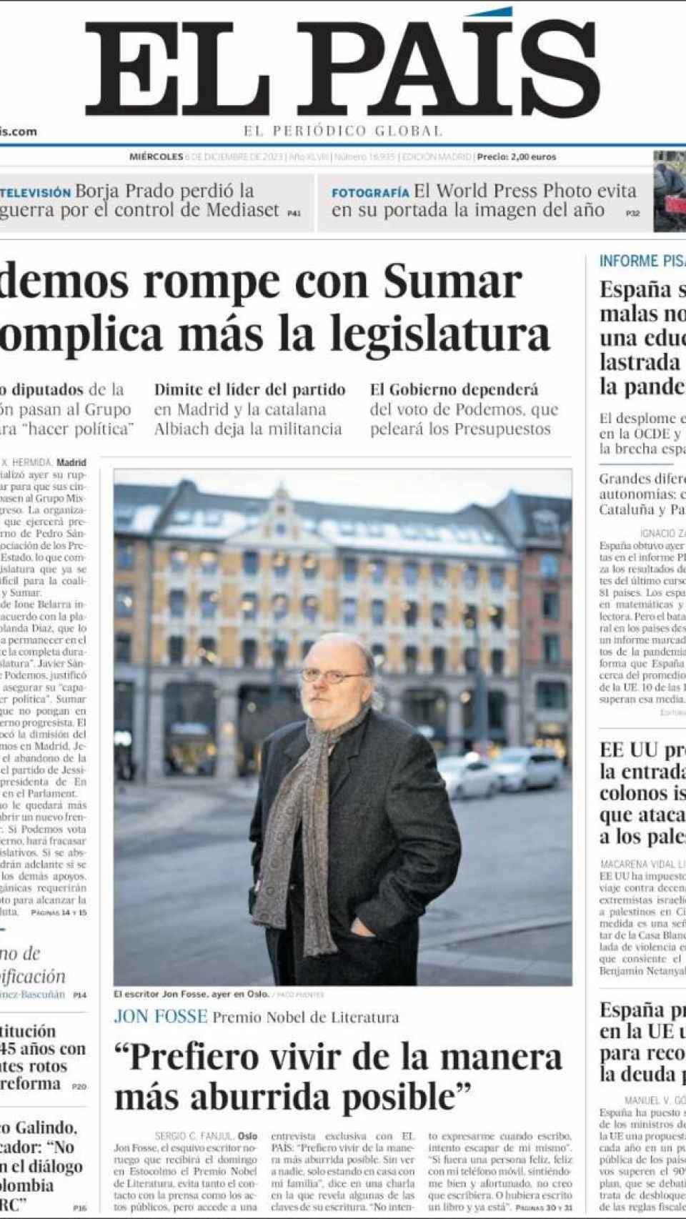 Portada de 'El País' del 6 de diciembre de 2023