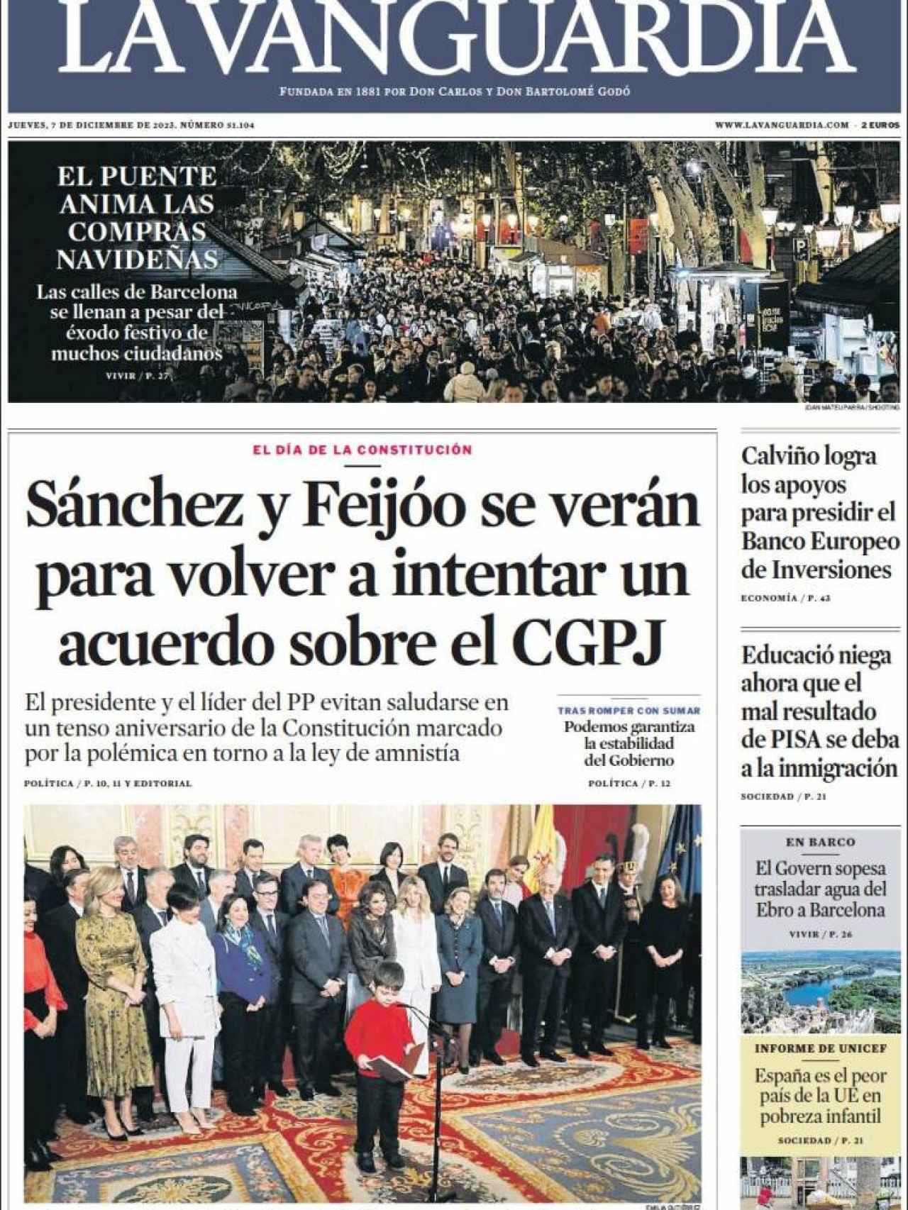Portada de 'La Vanguardia' de 7 de diciembre de 2017