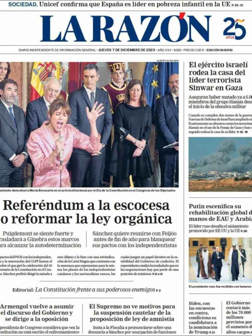 Portada de 'La Razón' de 7 de diciembre de 2017