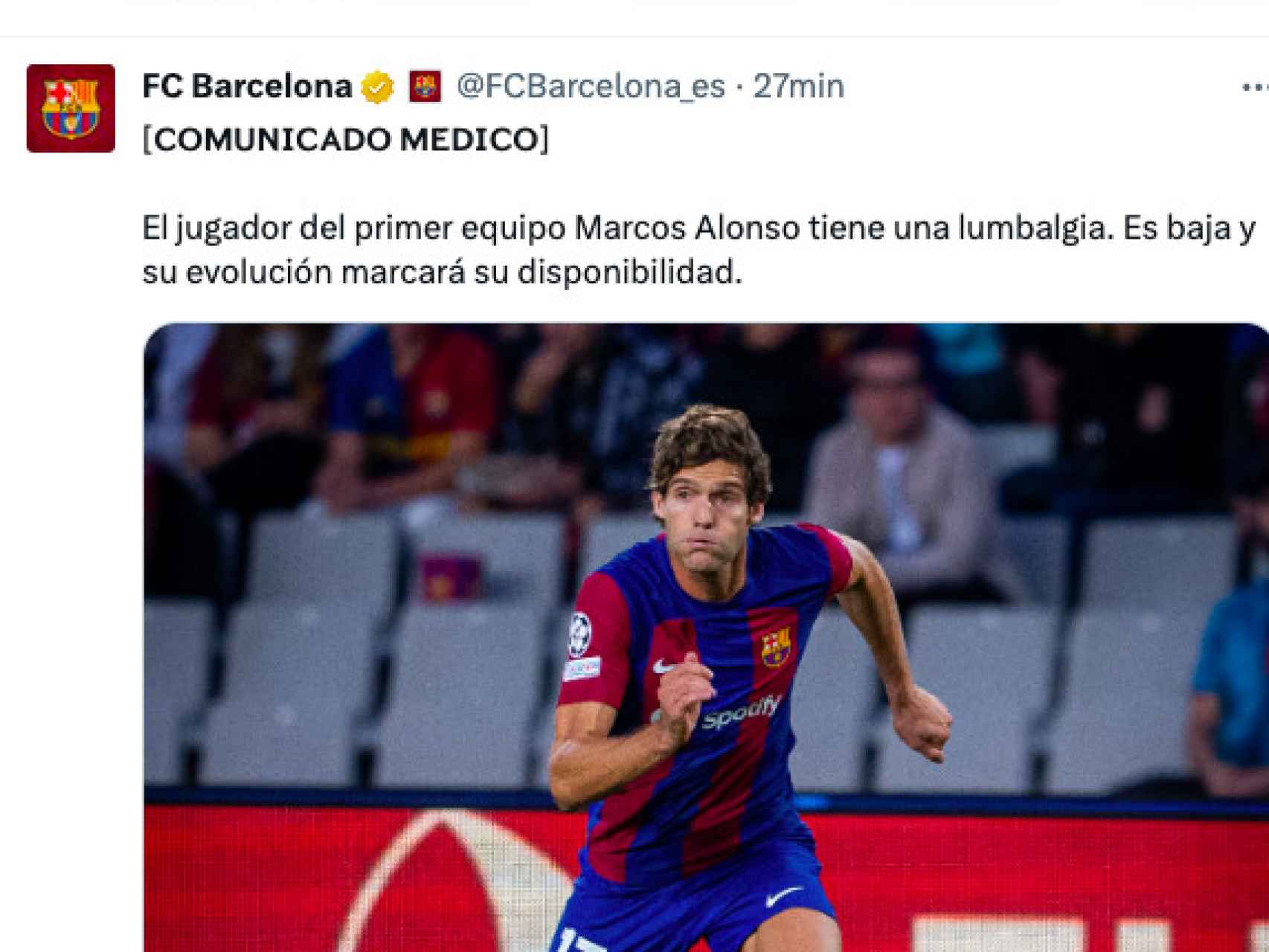El Barça informa de la lesión de Marcos Alonso
