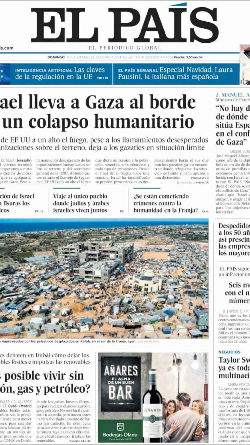 Portada de 'El País' del 10 de diciembre de 2023