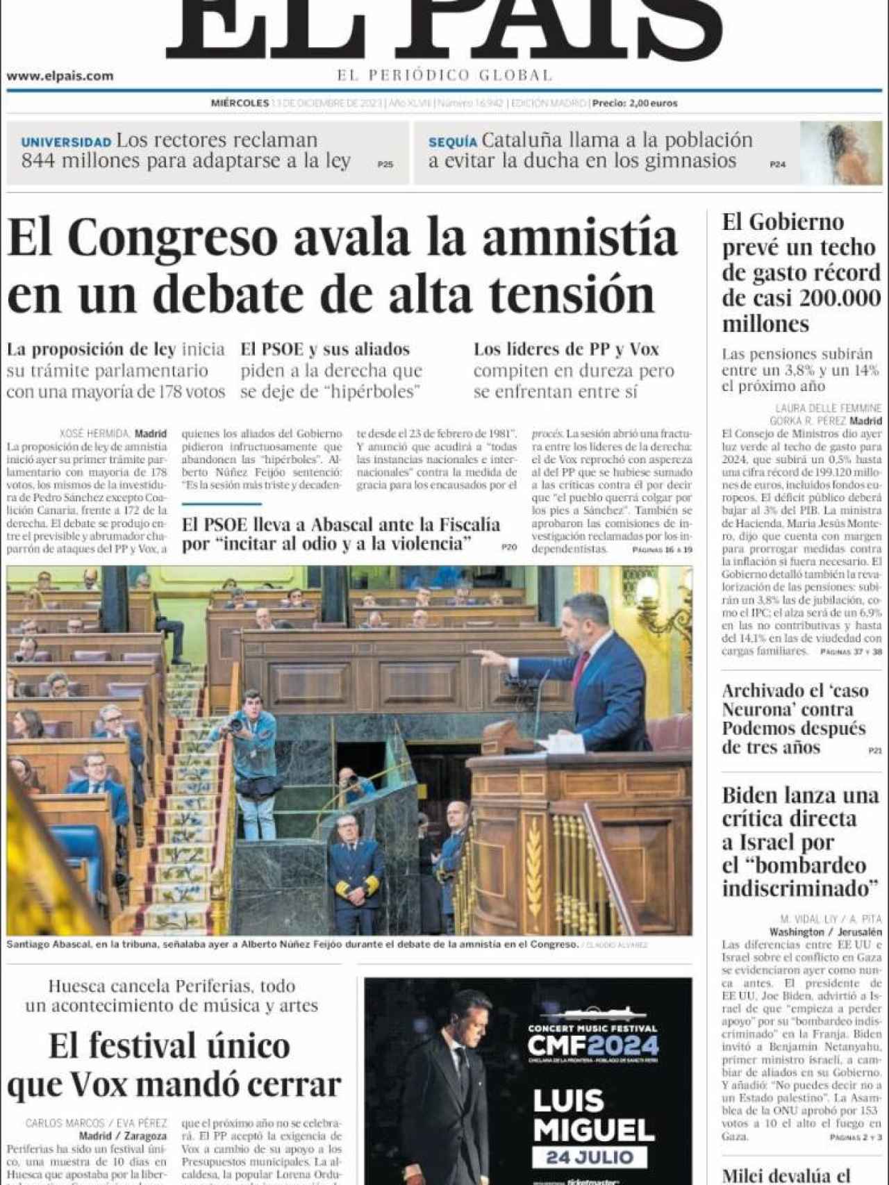 Portada de 'El País' de 13 de diciembre de 2023