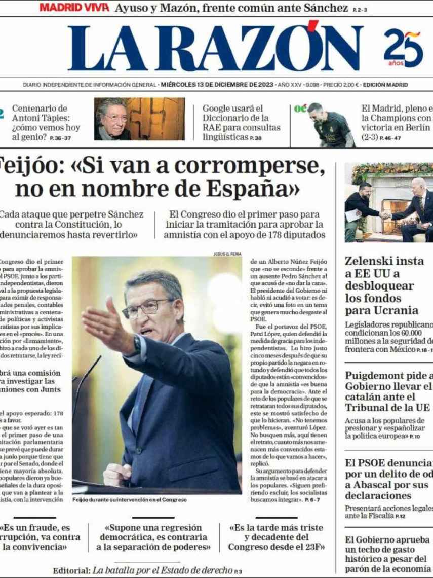 Portada de 'La Razón' de 13 de diciembre de 2023