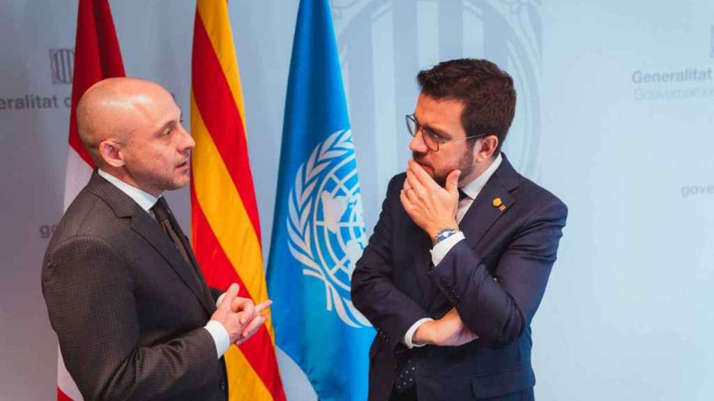 El 'president' de la Generalitat, Pere Aragonés, junto al delegado del Govern en Suiza, Gabriel Boichat