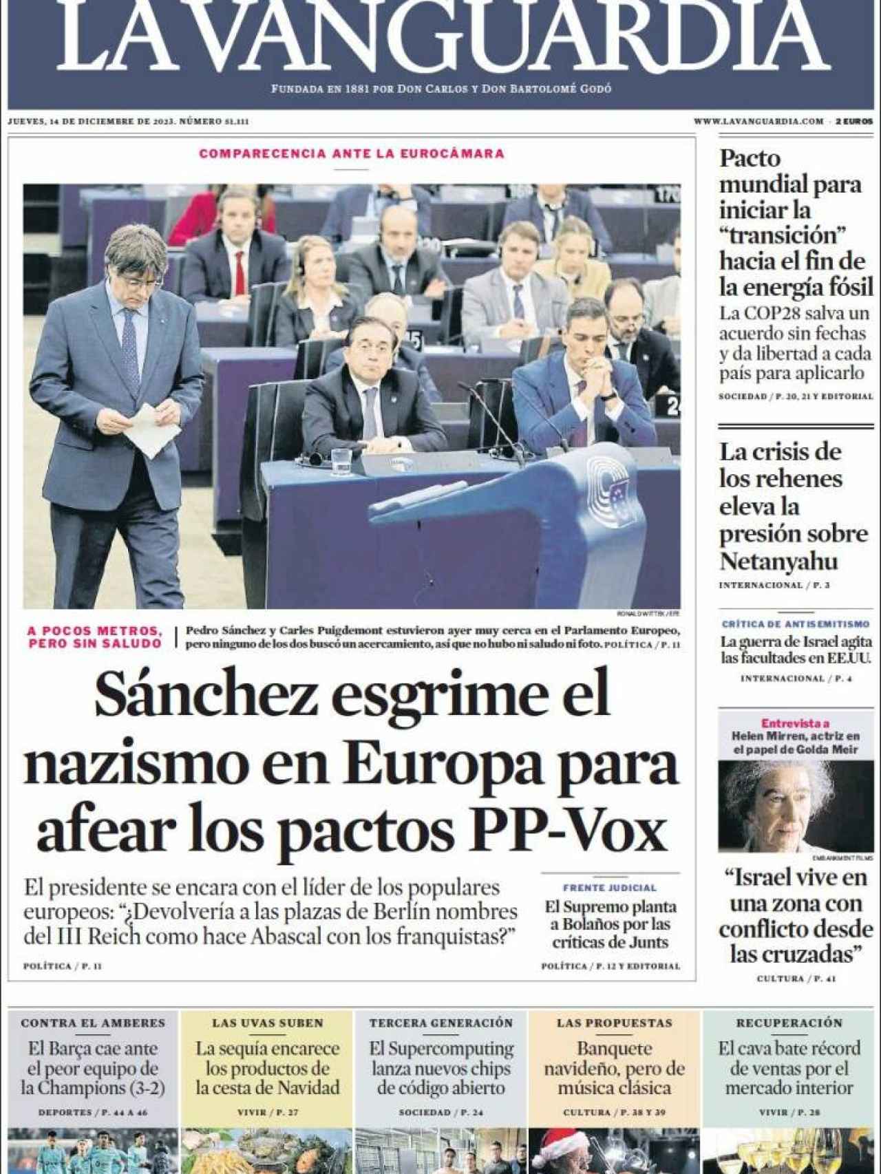 Portada de 'La Vanguardia' del 14 de diciembre de 2013
