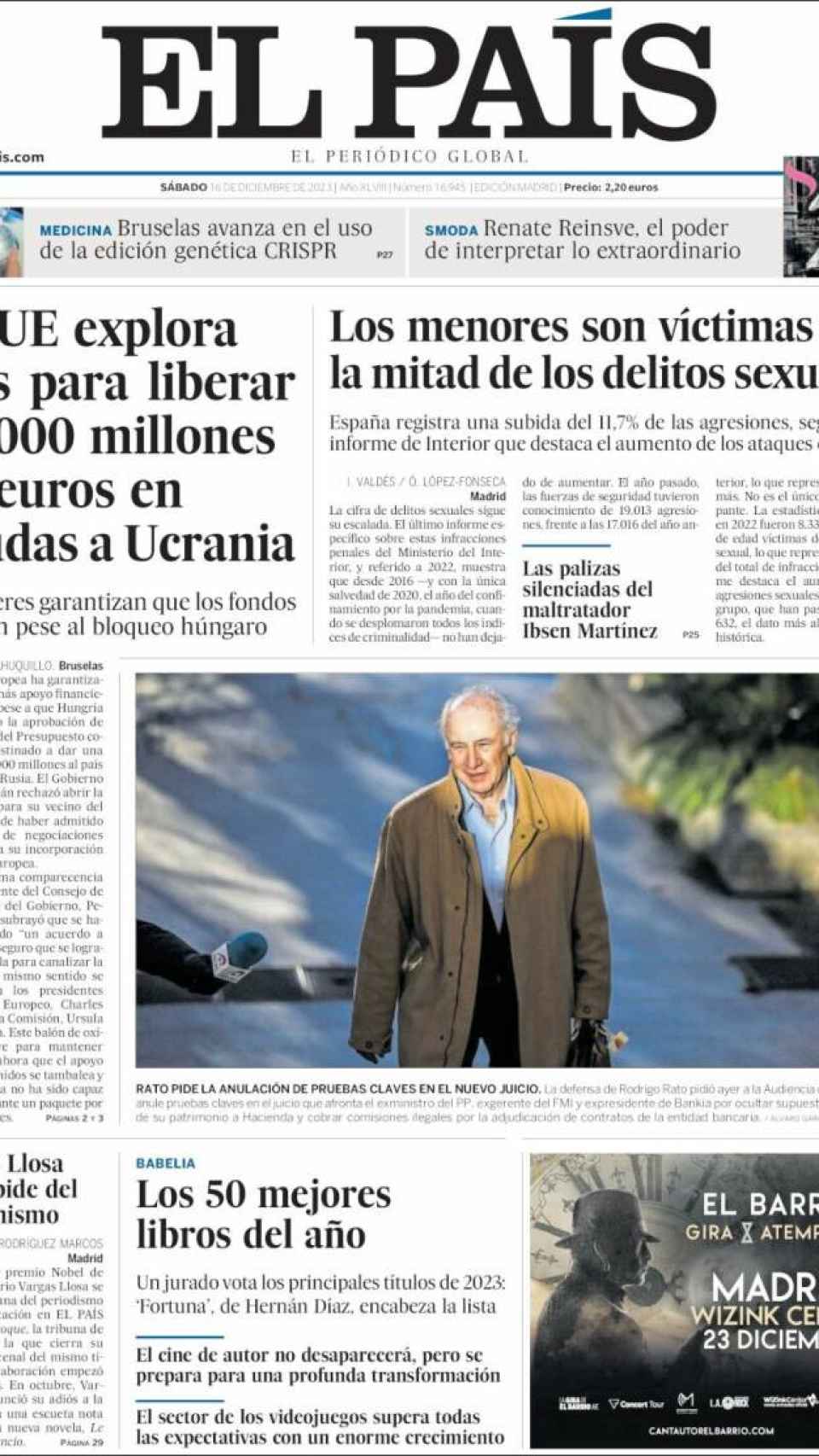Portada de 'El País' del 16 de diciembre de 2023