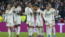 Los jugadores del Real Madrid celebran el gol de Rodrygo contra el Villarreal