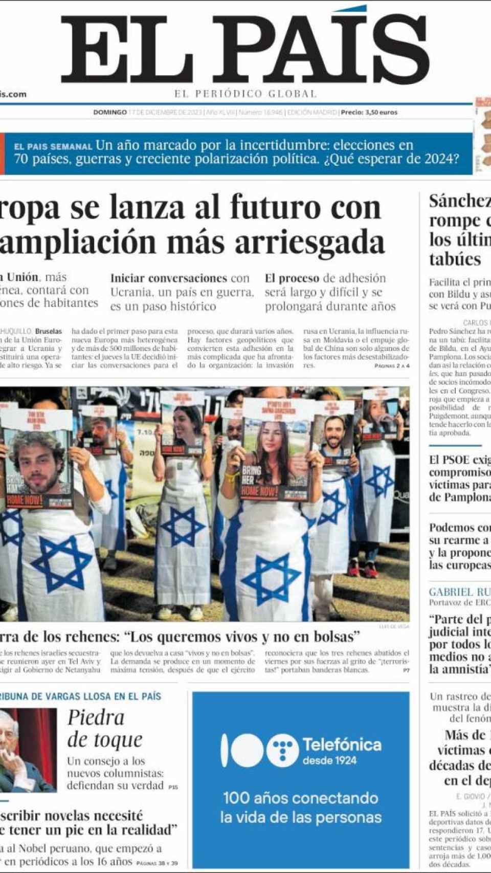 Portada de 'El País' del 17 de diciembre de 2023