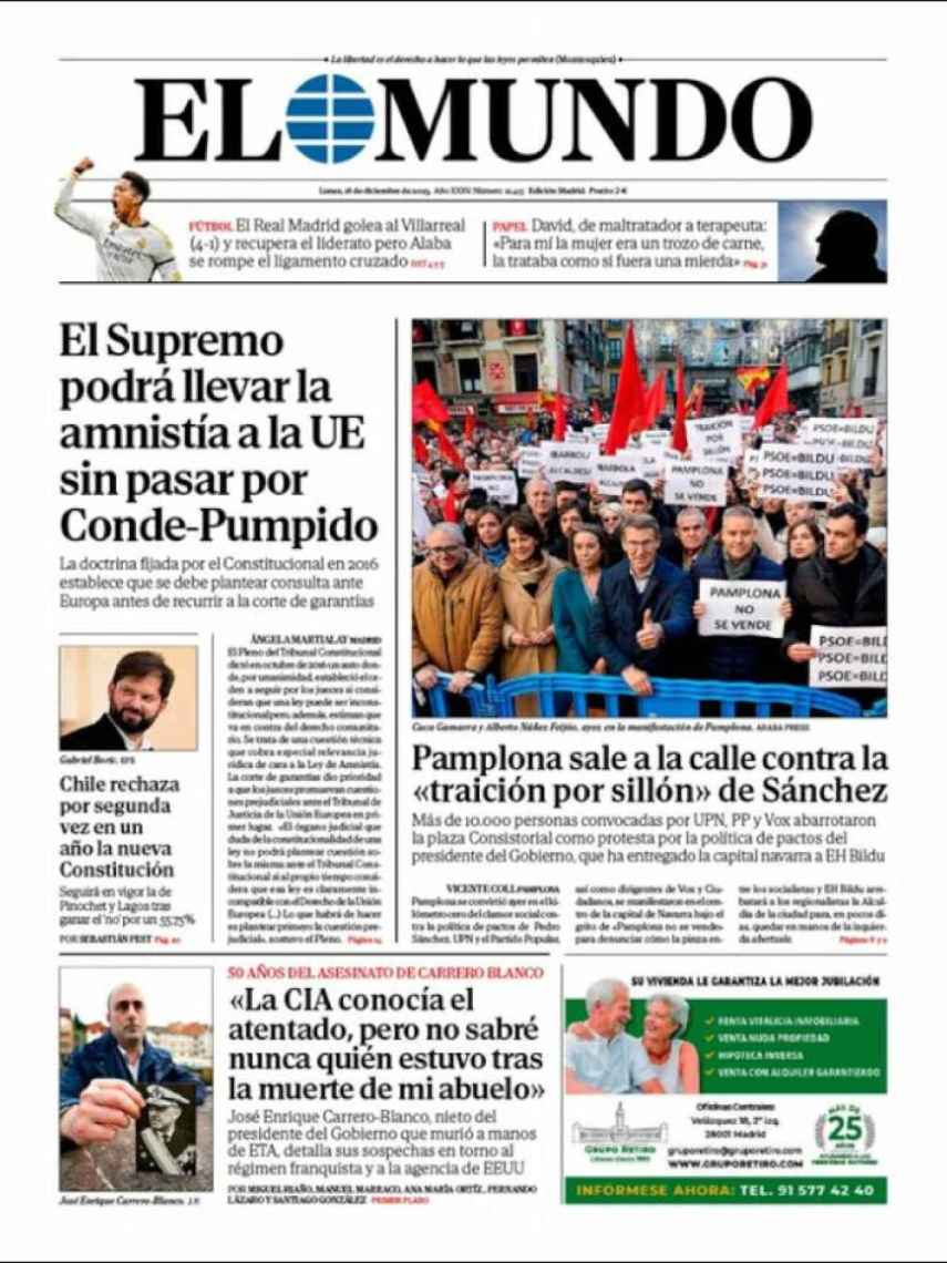 Portada de 'El Mundo' de 18 de diciembre de 2023