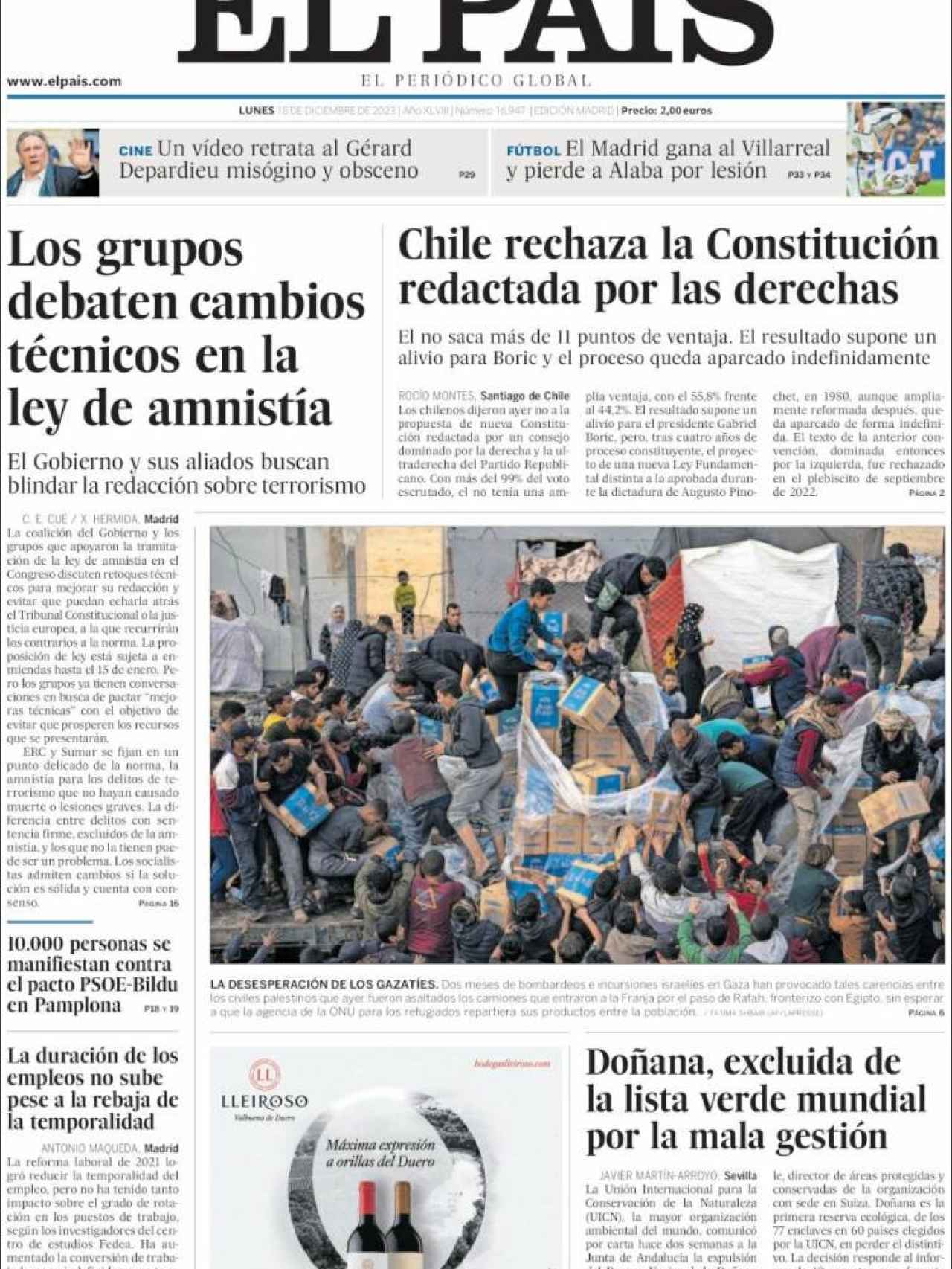 Portada de 'El País' de 18 de diciembre de 2023