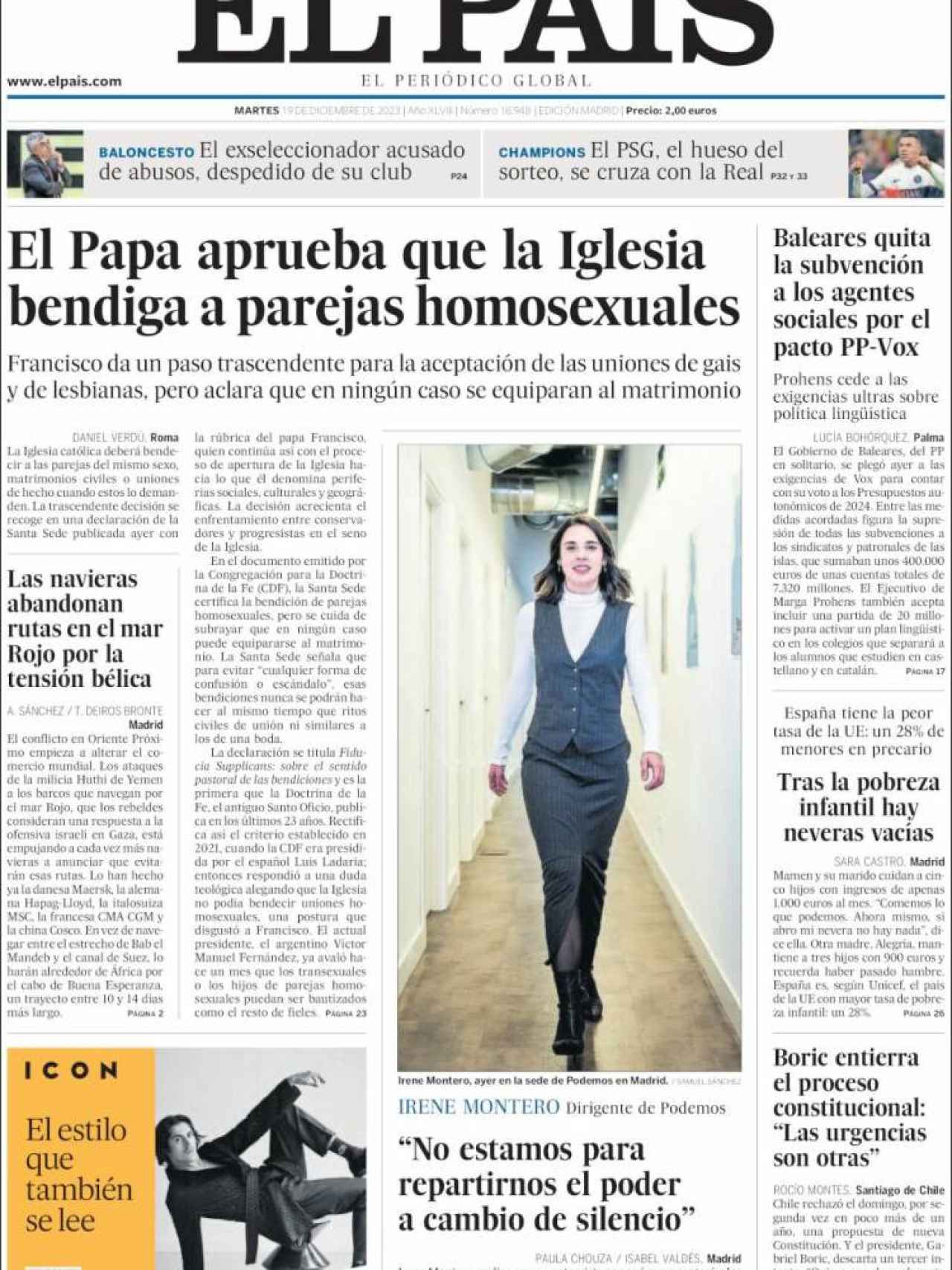 Portada de 'El País' de 19 de diciembre de 2023