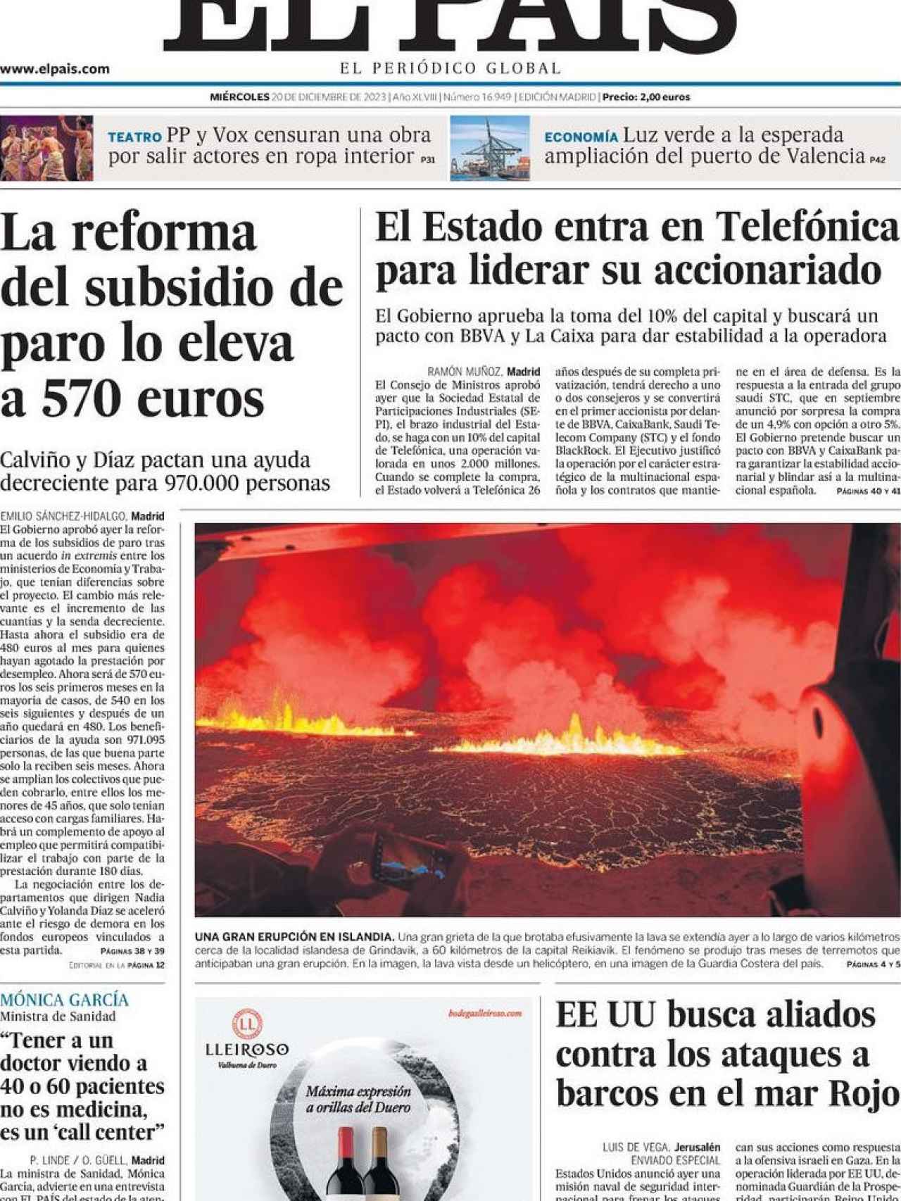Portada de 'El País' de 20 de diciembre de 2023