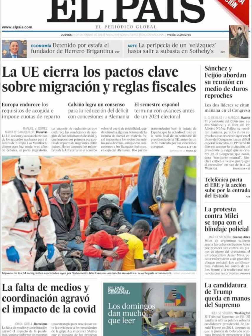Portada de 'El País' de 21 de diciembre de 2023