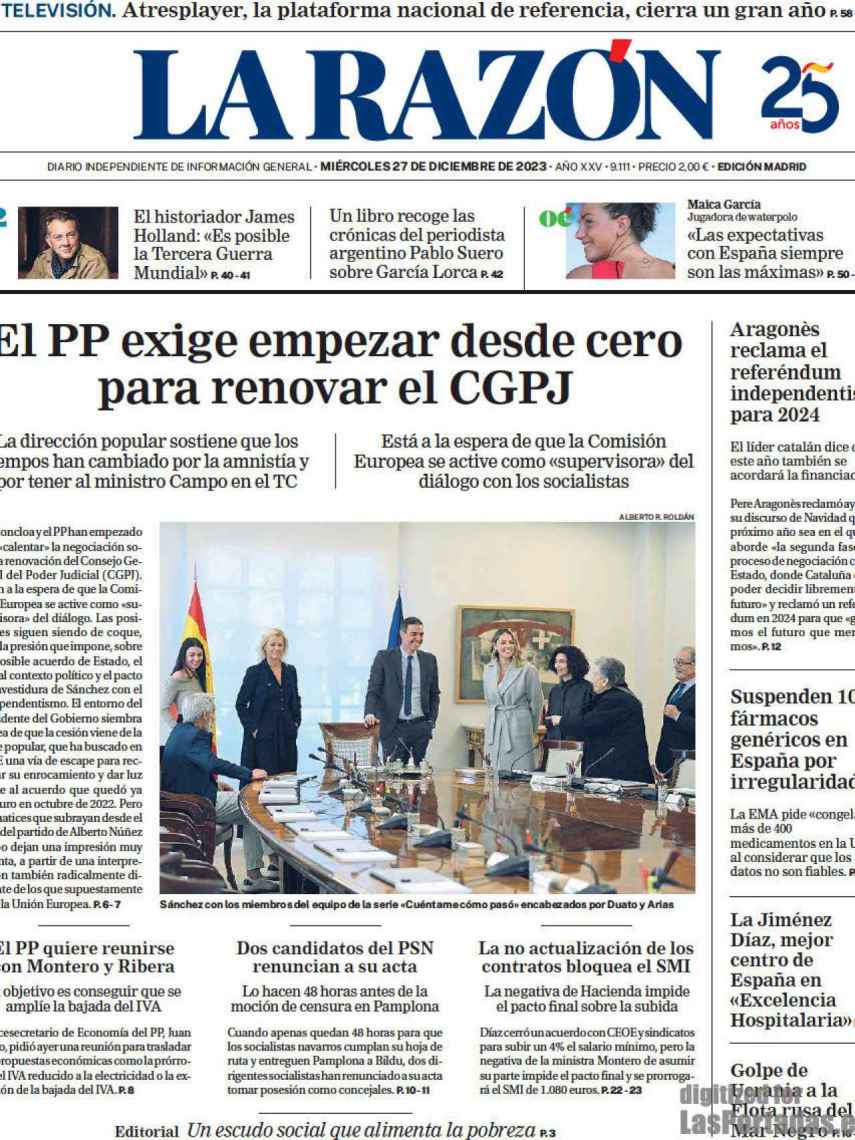 Portada de 'La Razón' de 27 de diciembre de 2023