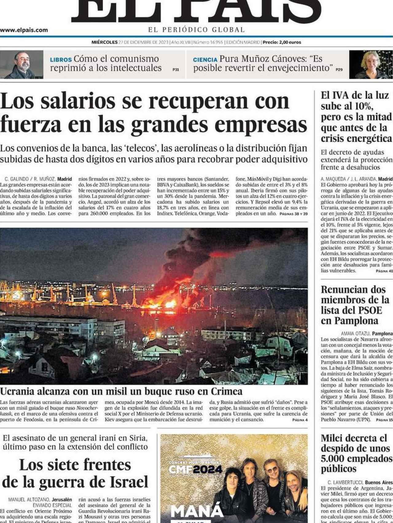 Portada de 'El País' de 27 de diciembre de 2023