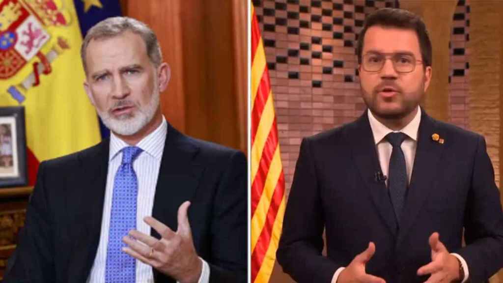 Imagen del discurso navideño del rey Felipe VI y, al lado, del de Pere Aragones