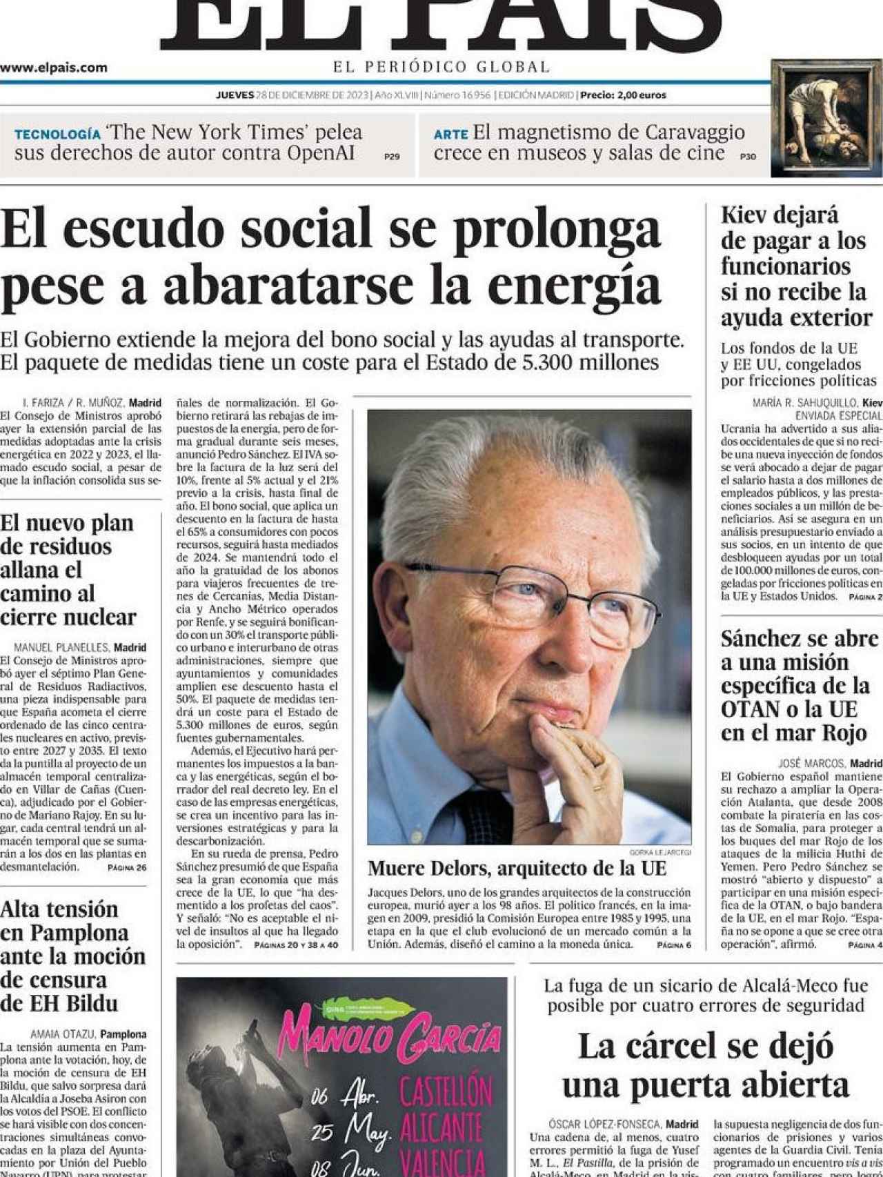 Portada de 'El País' de 28 de diciembre de 2023