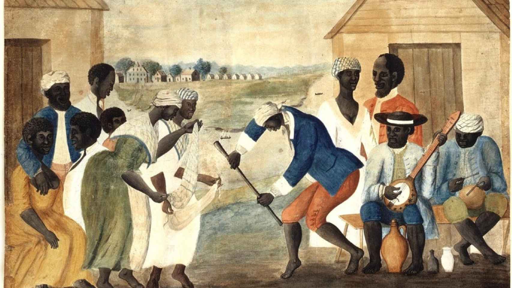 'The Old Plantation' (1785-1795). Acuarela de finales del siglo XVIII que muestra a esclavos bailando, con un banjo y un tambor, en una plantación de Carolina del Sur.