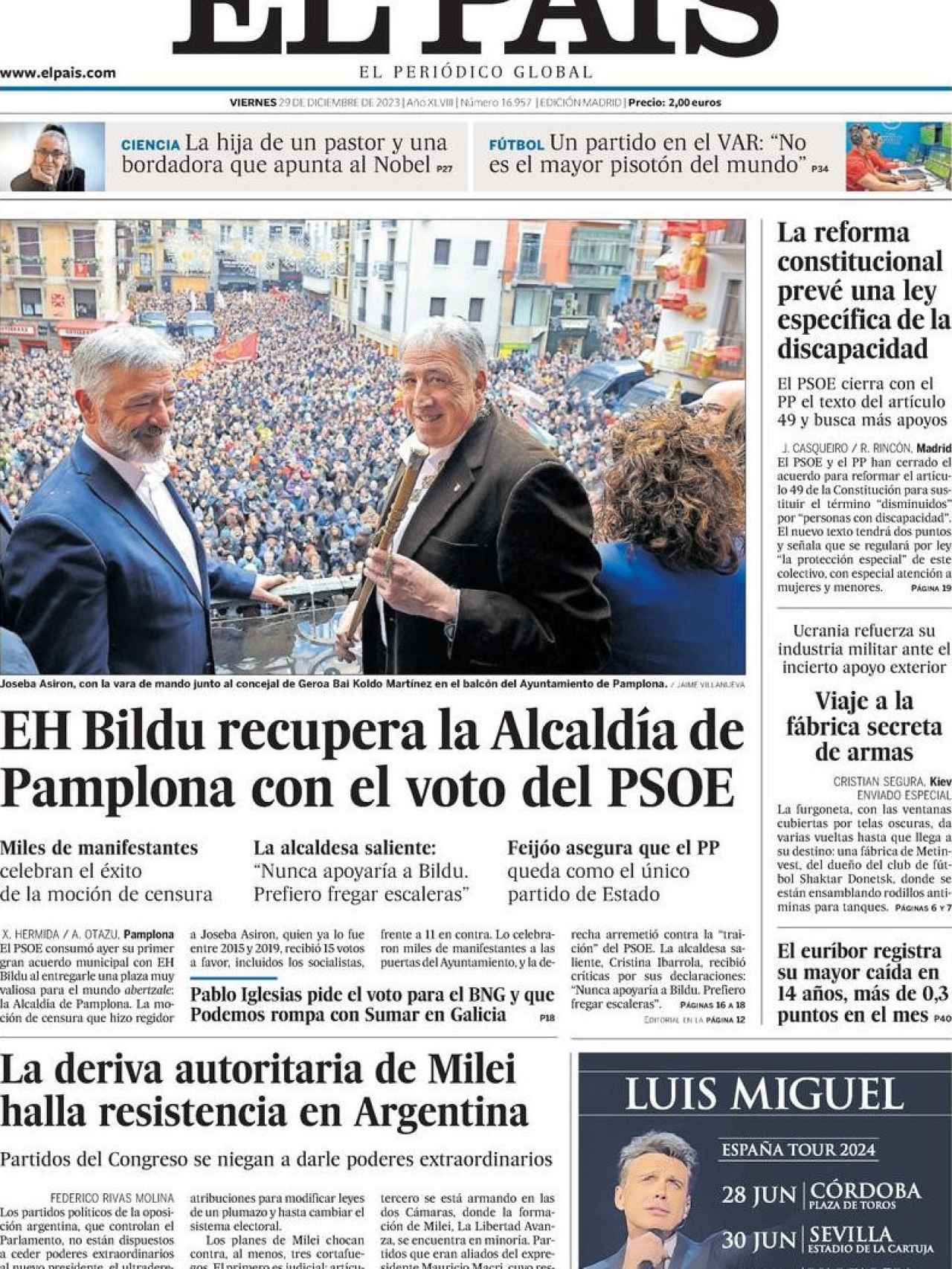 Portada de 'El País' de 29 de diciembre de 2023