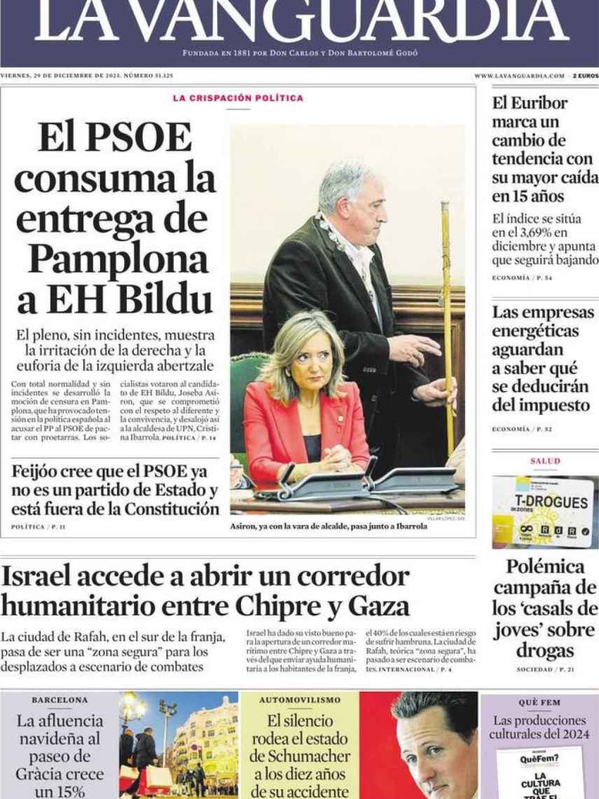 Portada de 'La Vanguardia' de 29 de diciembre de 2023