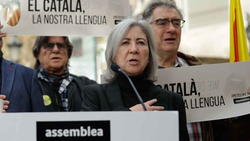 La presidenta de la ANC, Dolors Feliu, en una manifestación ante el Parlamento Europeo