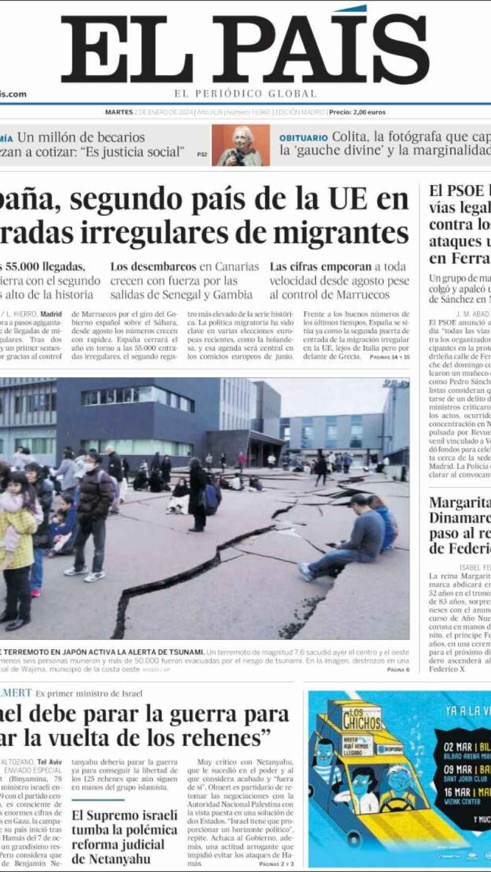 Portada de 'El País' del 2 de enero de 2024