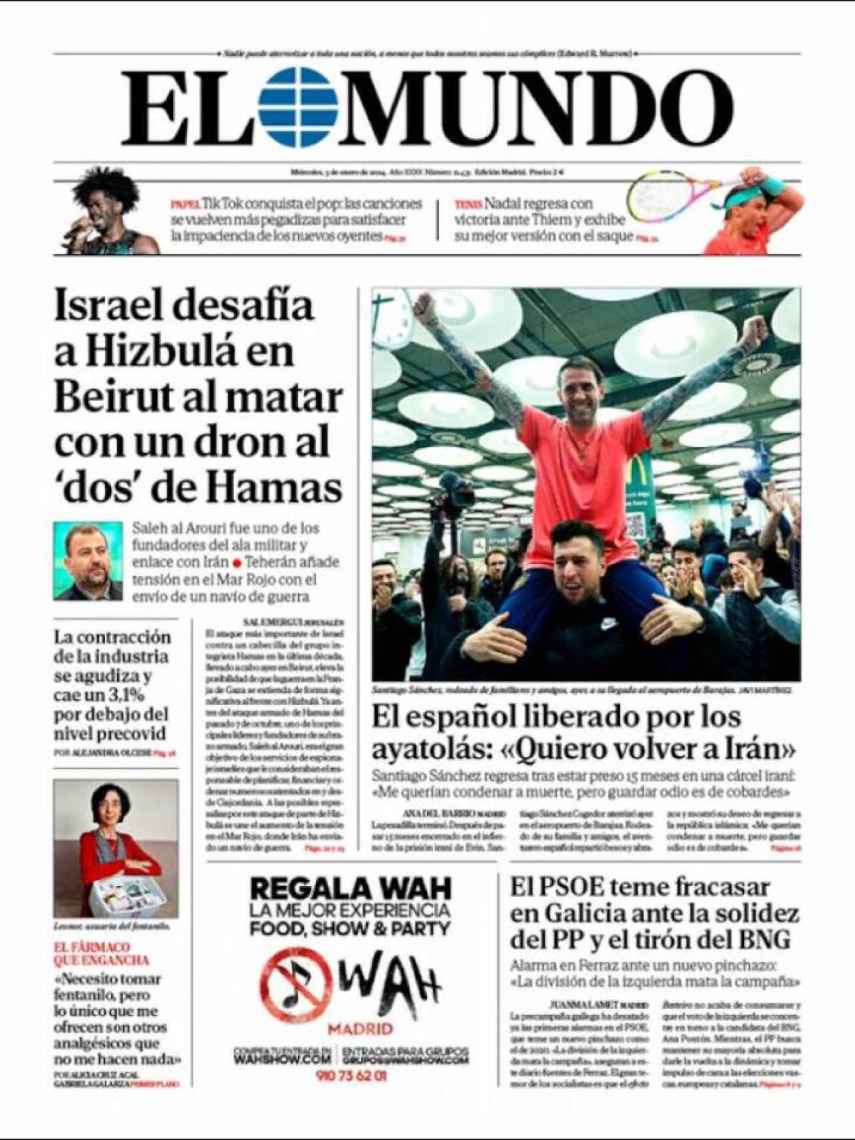 Portada de 'El Mundo' del 3 de enero de 2024