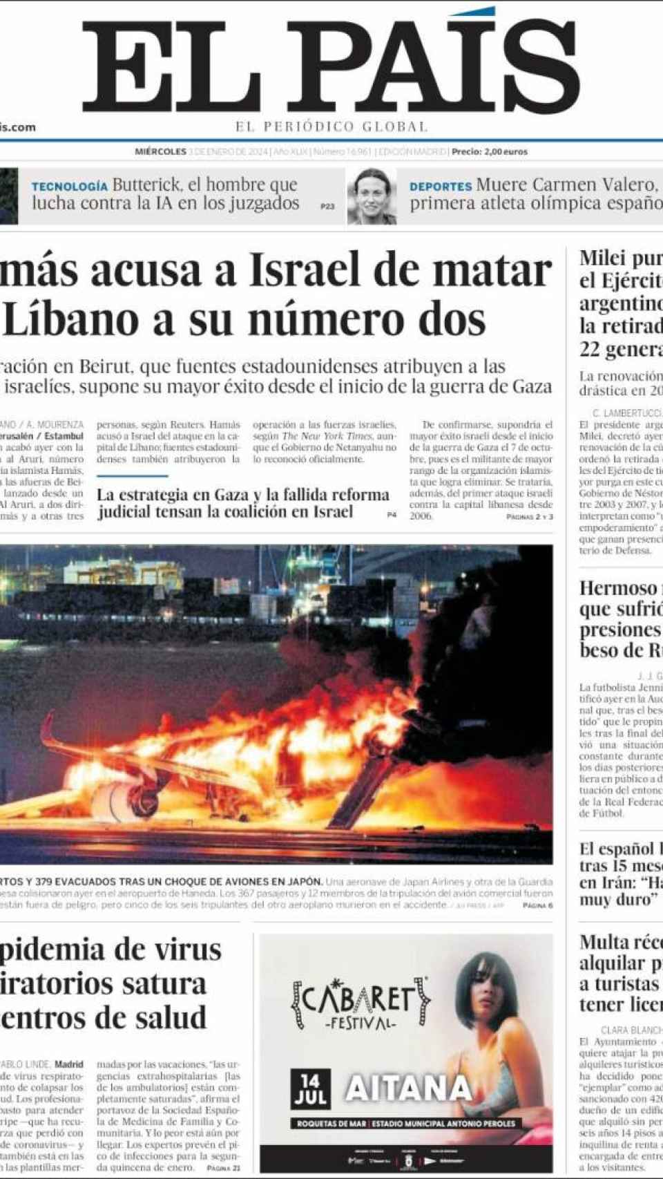 Portada de 'El País' del 3 de enero de 2024
