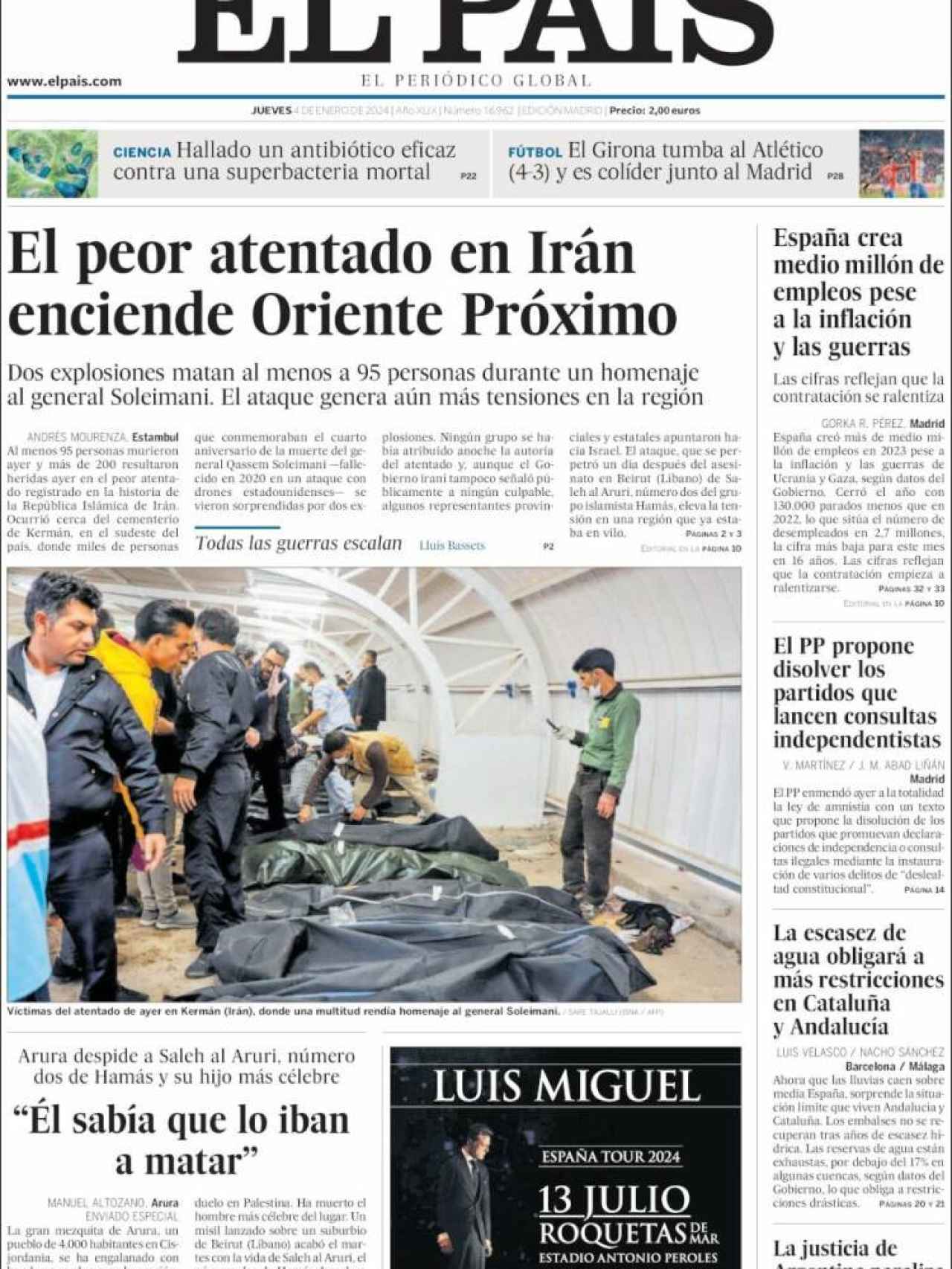Portada de 'El País' del 4 de enero de 2024