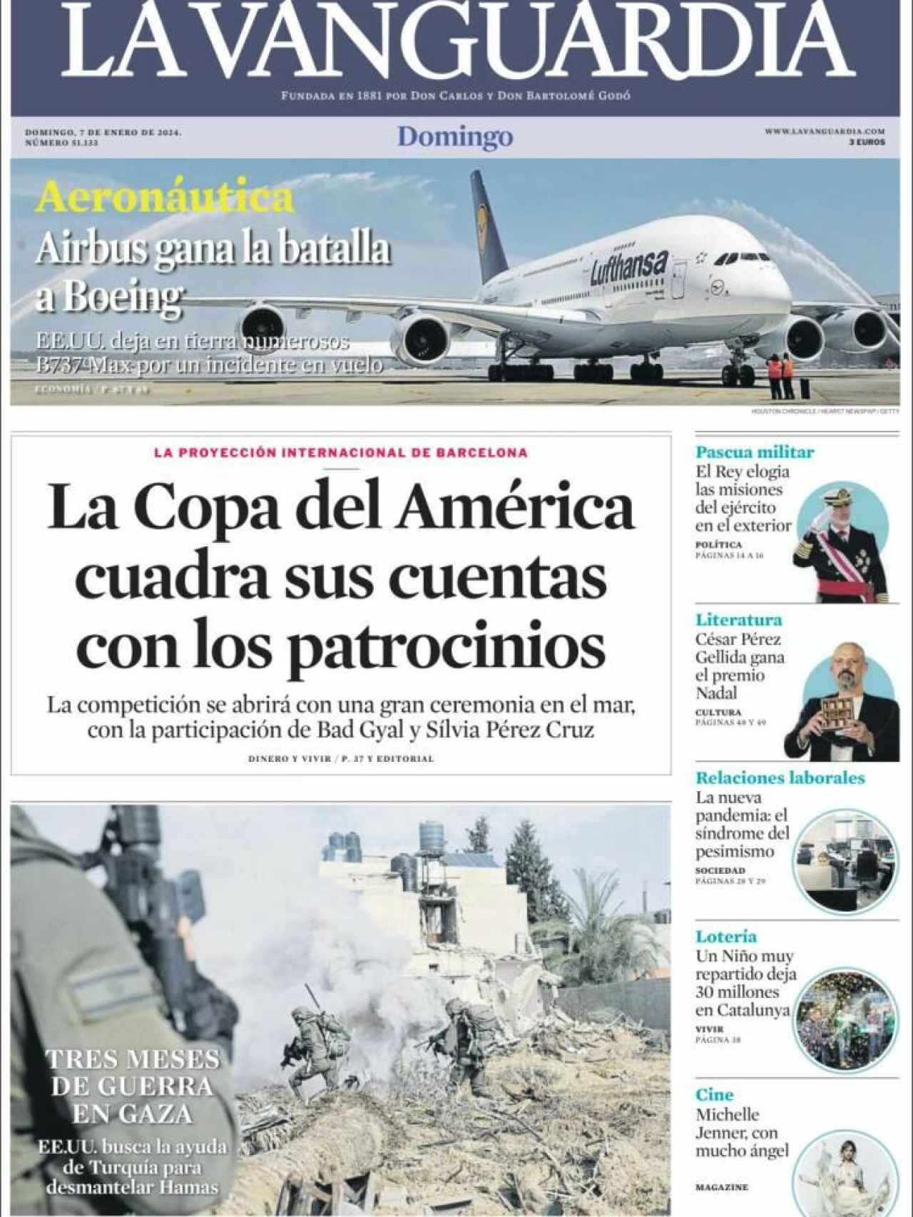 Portada de 'La Vanguardia' del 7 de enero de 2024
