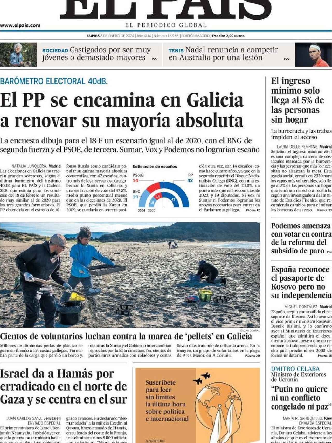 Portada de 'El País' de 8 de enero de 2024