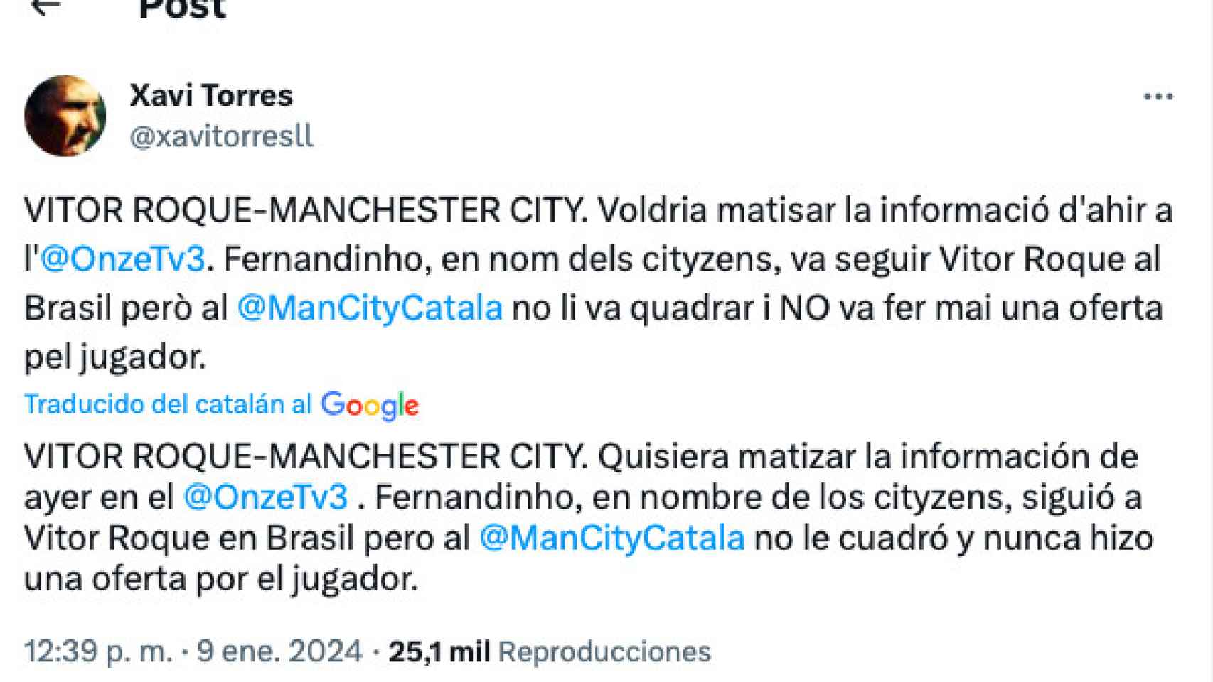 Tuit de Xavi Torres sobre el interés del City