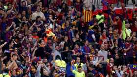 Aficionados del Barça en un desplazamiento europeo del equipo de fútbol