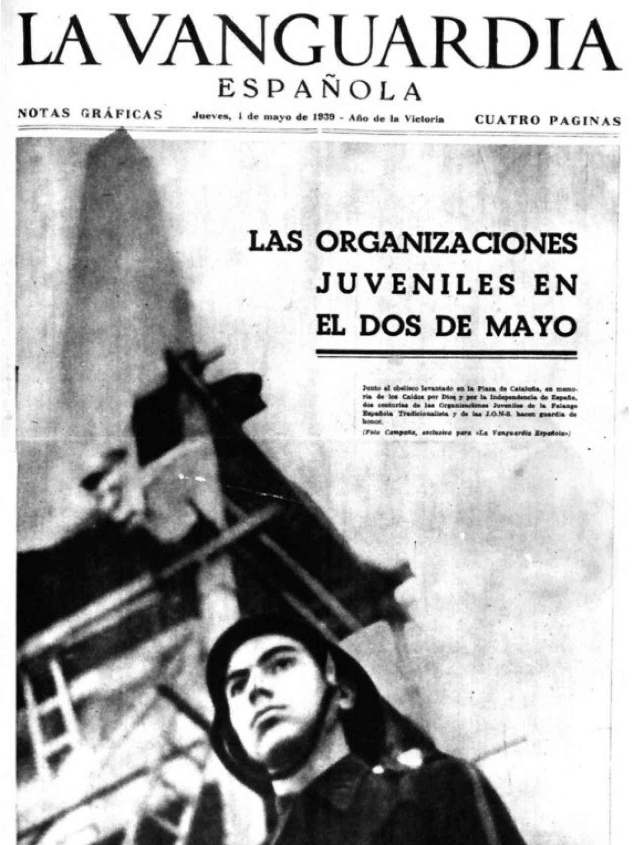 Portada de ‘La Vanguardia’ (1 de mayo de 1939), con el joven Antoni Tàpies ataviado con el uniforme de Falange.