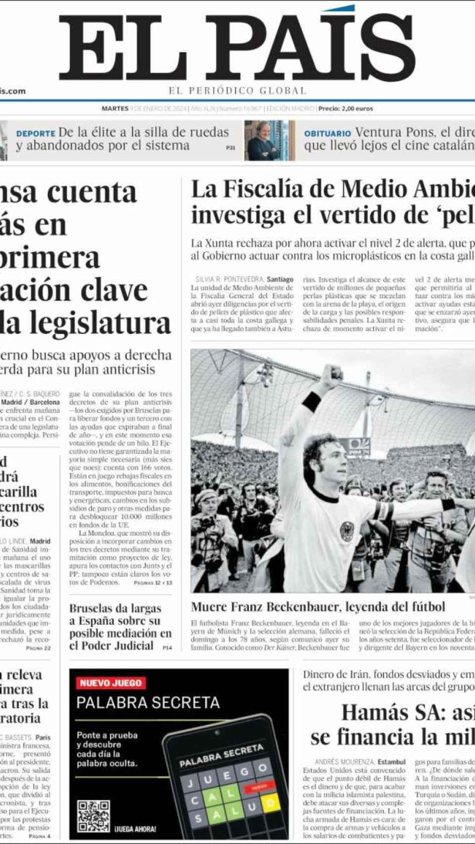 Portada de 'El País' del 9 de enero de 2024