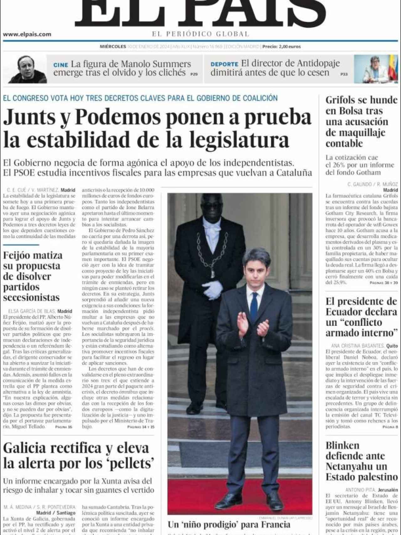 Portada de 'El País' del miércoles 10 de enero