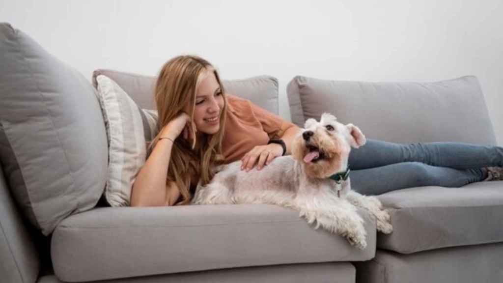 Joven con su perro en el sofá