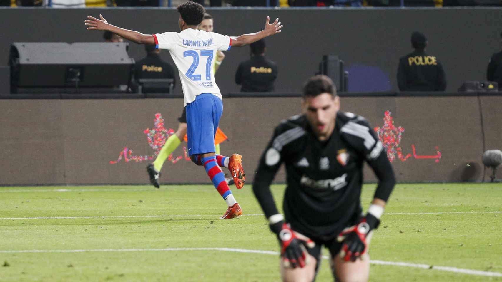 Lamine Yamal festeja su gol al Osasuna en la Supercopa