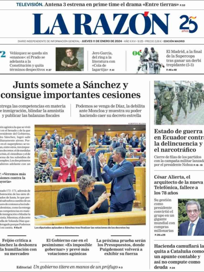 Portada de 'La Razón' del 11 de enero de 2024