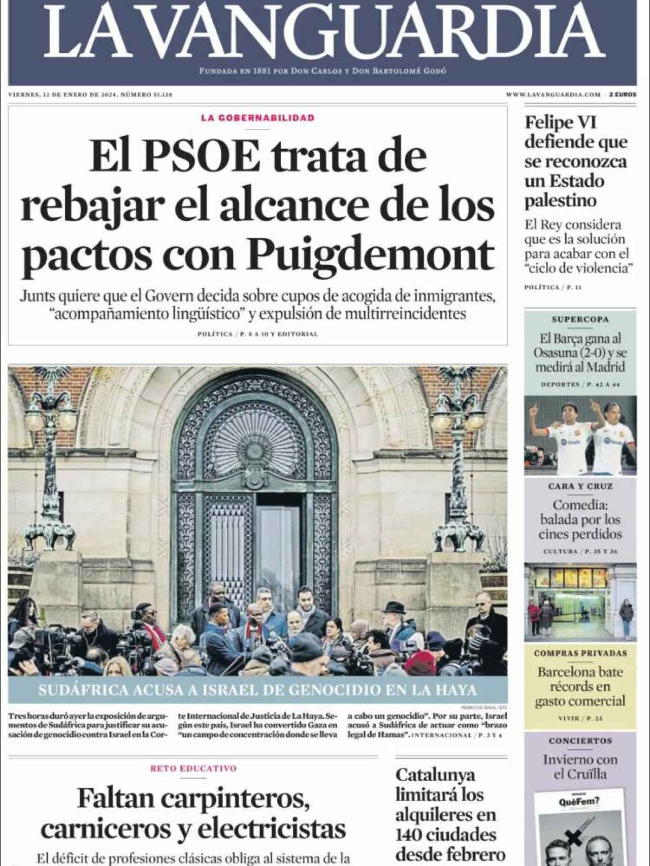 Portada de 'La Vanguardia' del 12 de enero