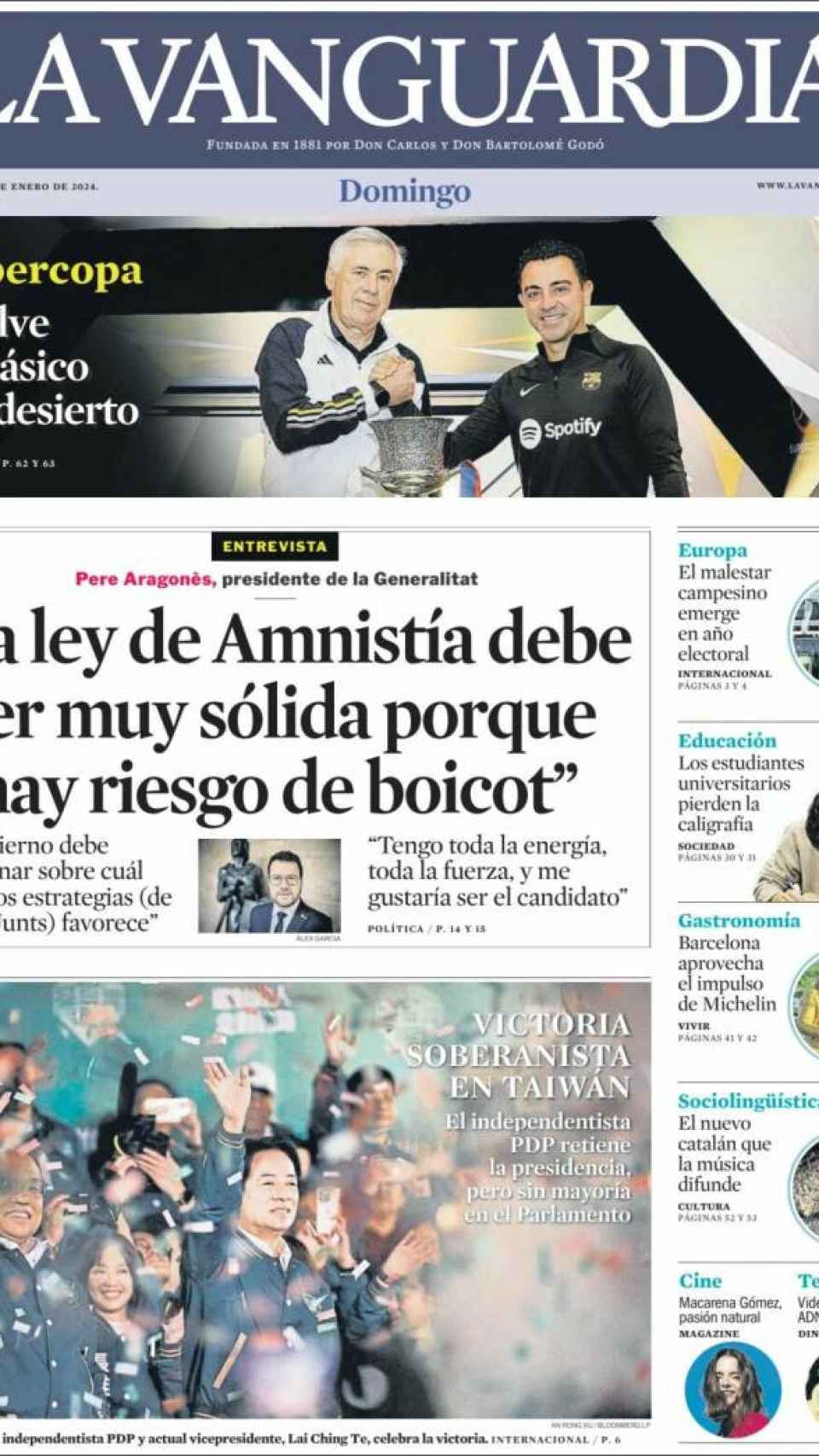 Portada de 'El País' del 14 de enero de 2024
