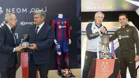 Florentino y Laporta en una imagen; Ancelotti y Xavi, en la otra