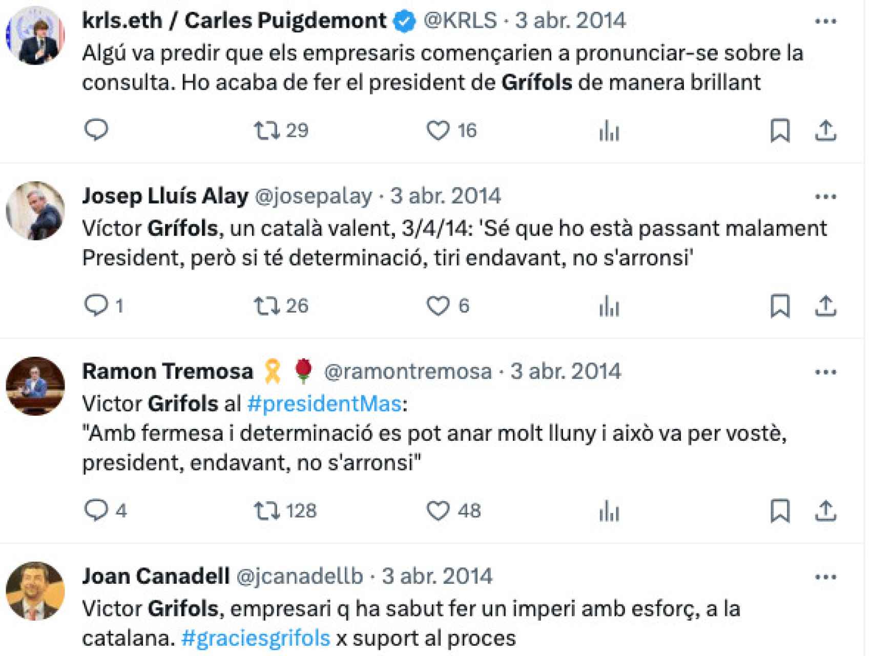 Tuits de agradecimiento a Víctor Grífols por su respaldo a Artur Mas por parte de Puigdemont, Alay, Ramon Tremosa y Joan Canadell