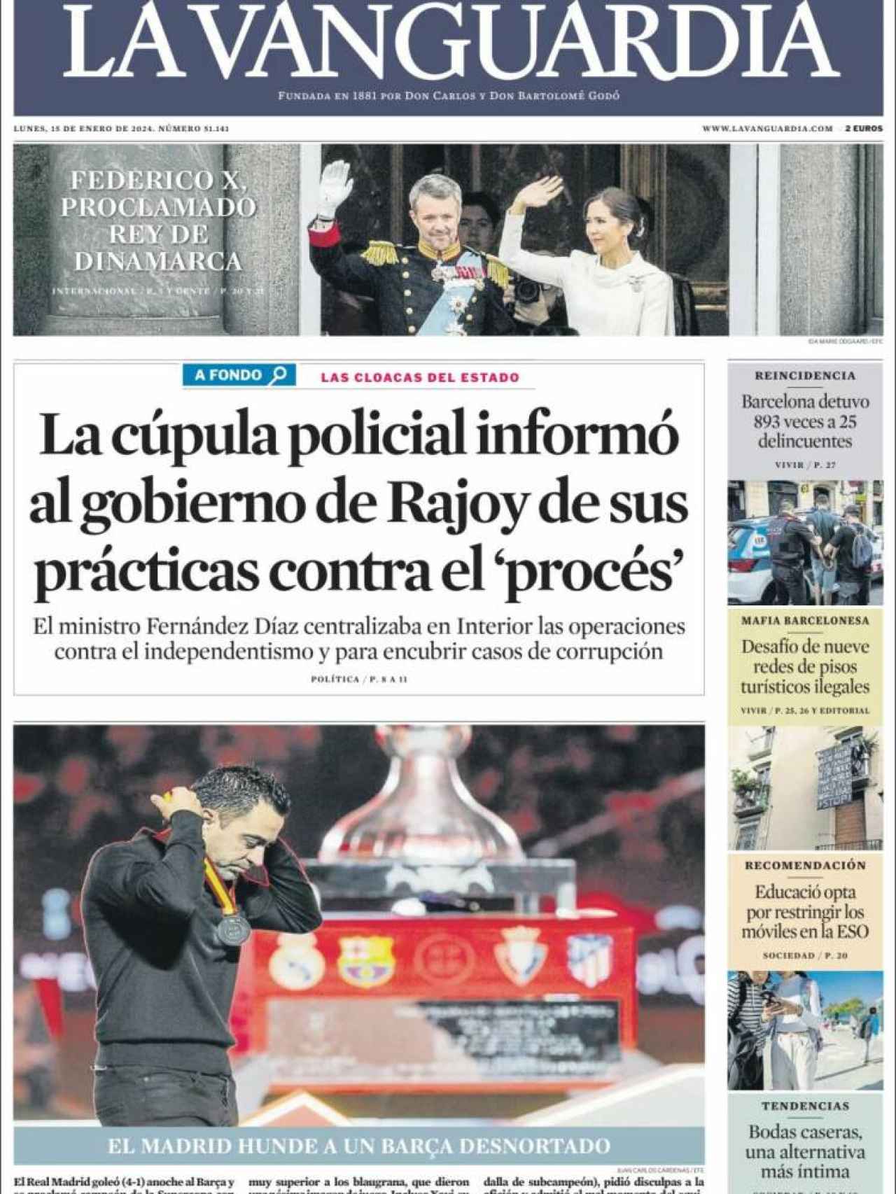 Portada de 'La Vanguardia' del 15 de enero de 2024