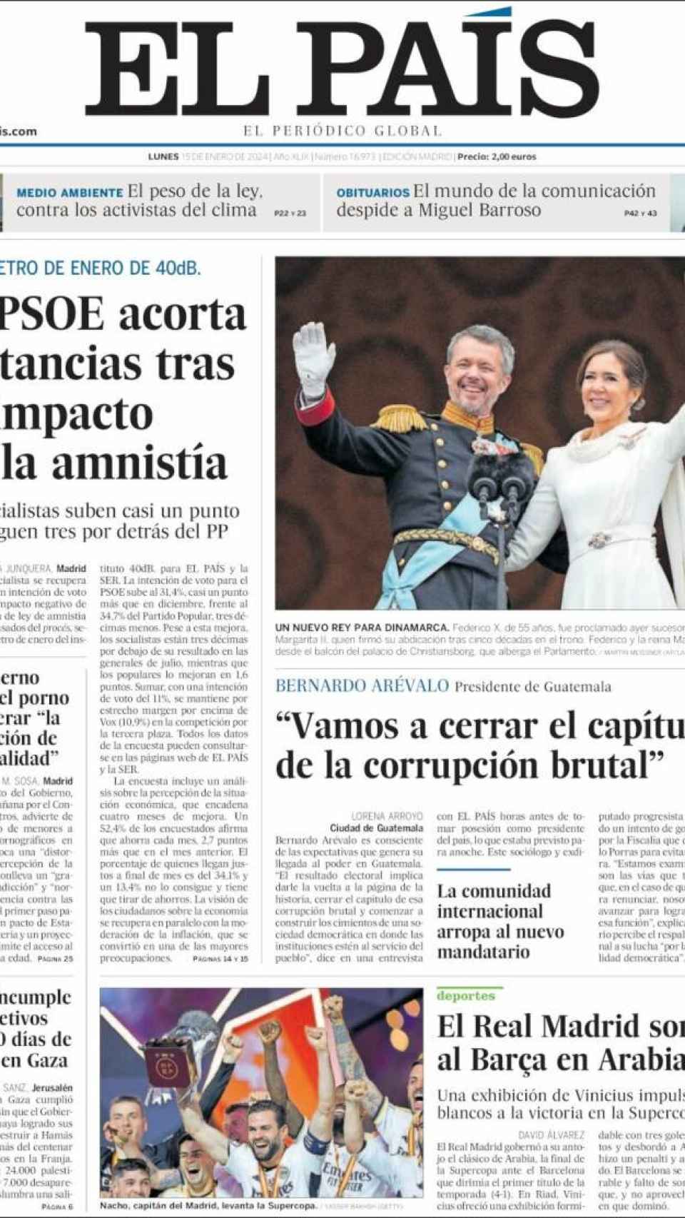 Portada de 'El País' del 15 de enero de 2024