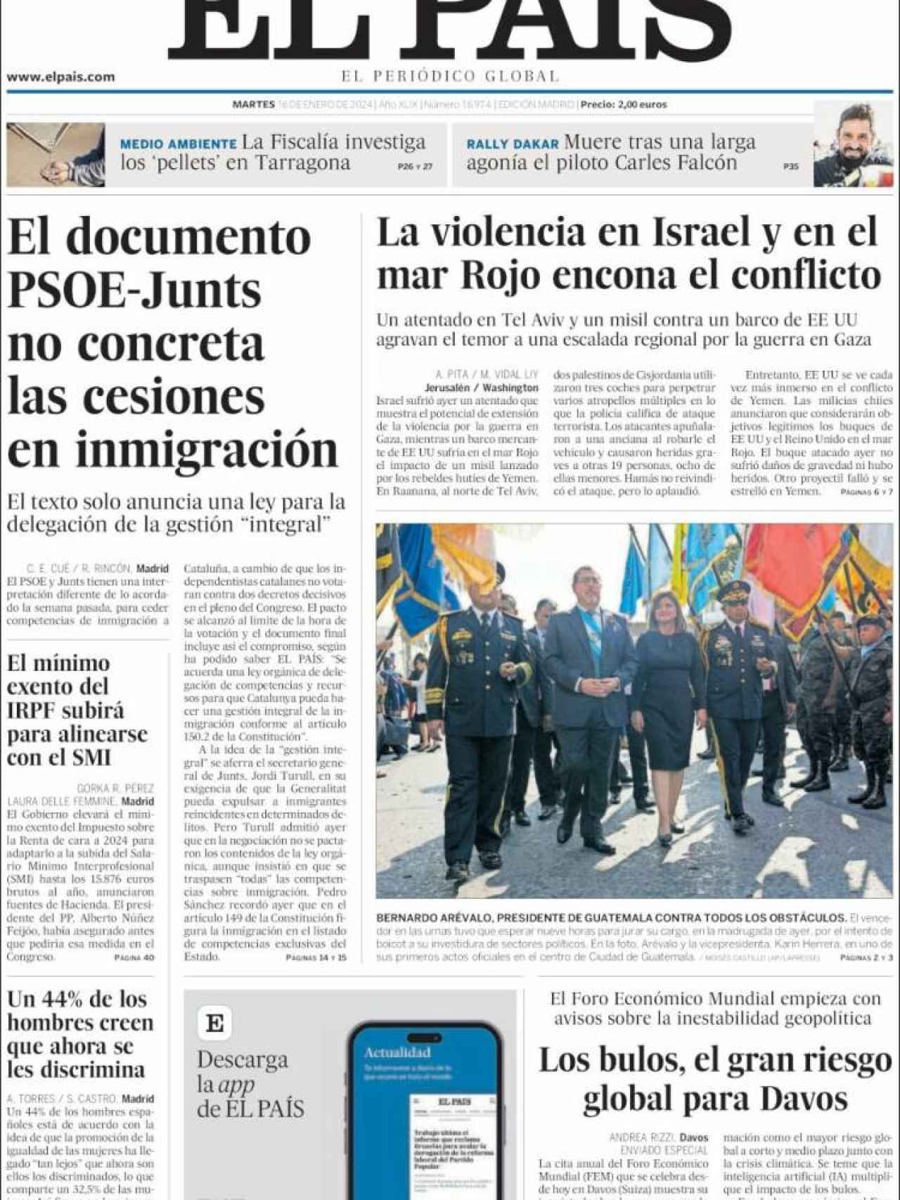 Portada de 'El País' del 16 de enero de 2024